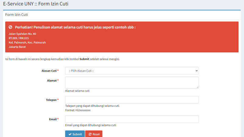 Form Pengajuan Surat Izin E-Service UNY